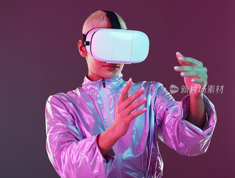Woman, virtual reality glasses and metaverse for futuristic gaming, digital transformation and tech. Cyberpunk person hands on studio background with vr headset for 3d and cyber world user experience